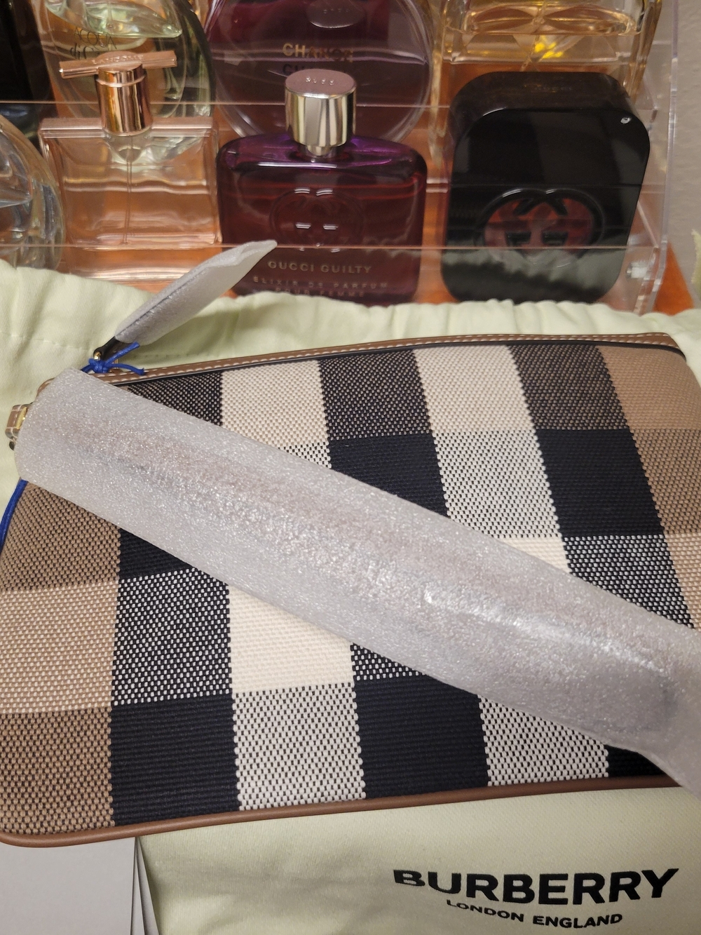 Burberry Beige, Black & White Check Zip Pouch with Blue Trim